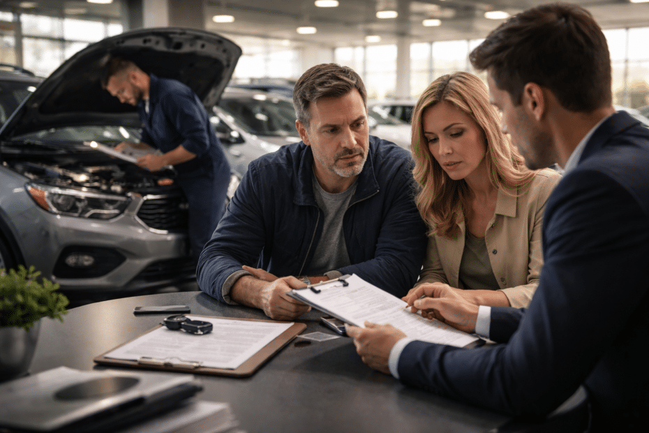 Couple reviews car purchase paperwork with a salesman at a showroom desk, a mechanic under the car hood in the background.