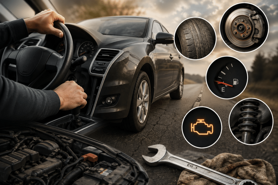 Driver gripping the steering wheel beside an on-road car with the hood open, and five circular insets showing a worn tire, brake rotor, low fuel gauge, engine warning light, and suspension spring.
