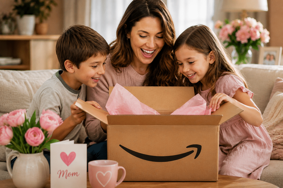 Mother and two children smile as they open a large cardboard gift box with pink tissue paper on a coffee table, surrounded by flowers and cards.