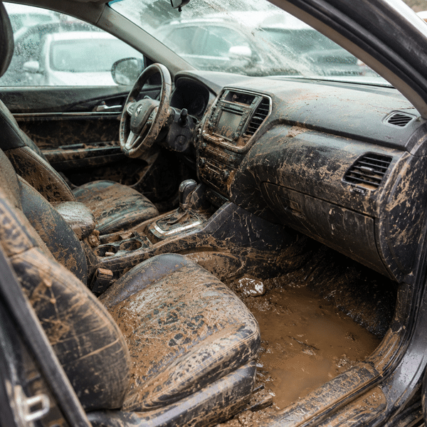 Interior of a car caked in mud with muddy seats, steering wheel, and a puddle on the floor