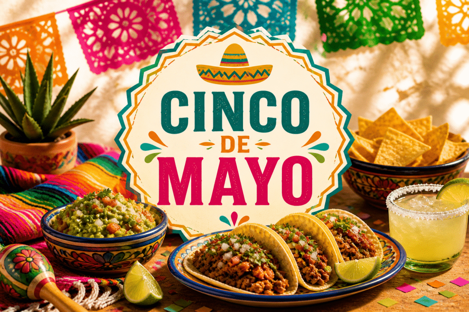 Cinco de Mayo celebration with tacos, guacamole, chips, lime wedges, and colorful banners around a large festive sign.