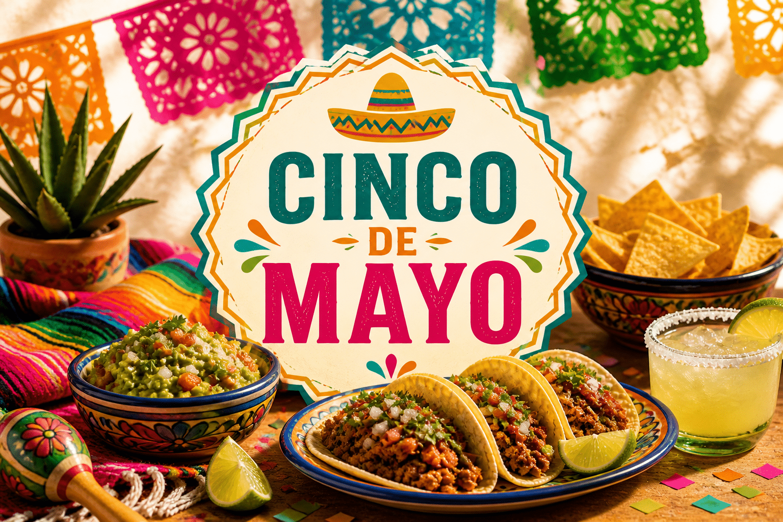 Cinco de Mayo celebration with tacos, guacamole, chips, lime wedges, and colorful banners around a large festive sign.
