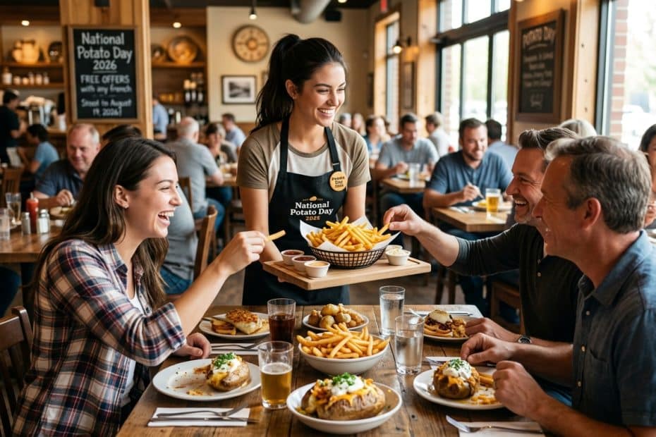 Waitress serves fries and dipping sauces to a lively table of friends enjoying a meal at a busy restaurant.