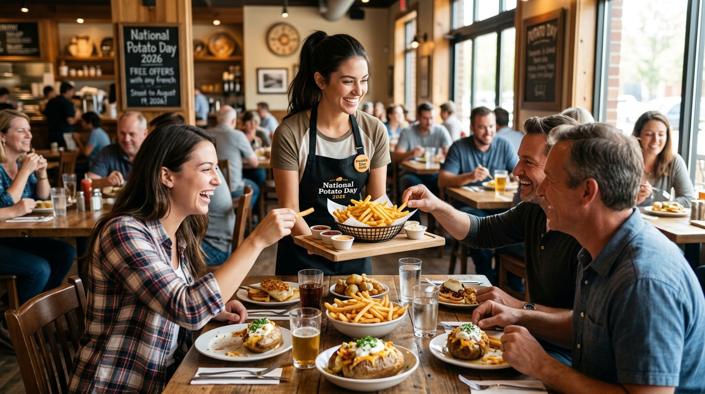 Waitress serves fries and dipping sauces to a lively table of friends enjoying a meal at a busy restaurant.